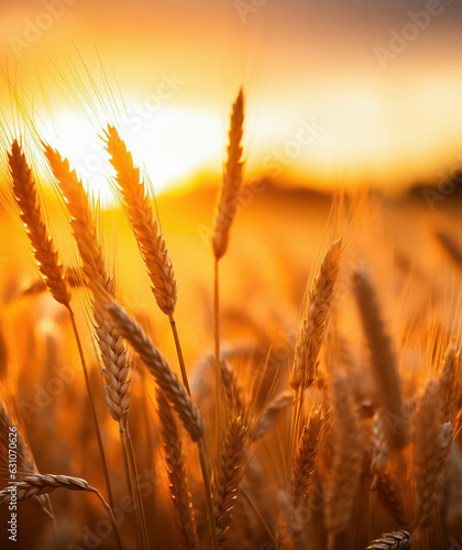 Golden wheat field at sunset  with focus on few foreground wheat .