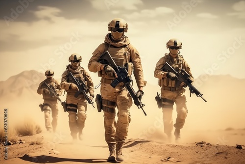 Soldiers walking In The Desert Sand  Military operation.