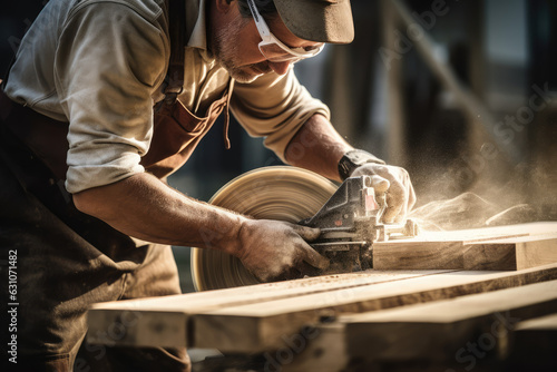 Carpenter Cutting wood with a saw close - up