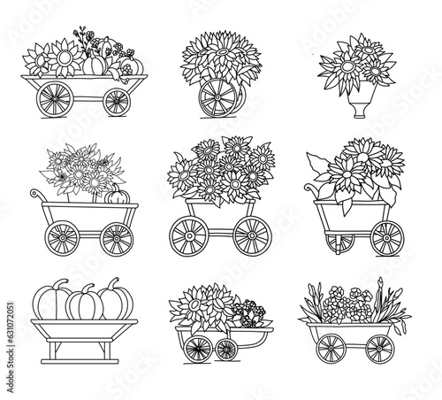 set Coloring pages with pumpkins and sunflowers, autumn coloring page.