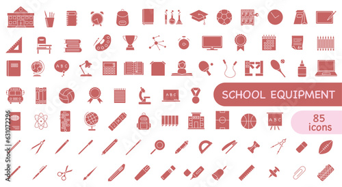 Collection of school icons full in red. School education.