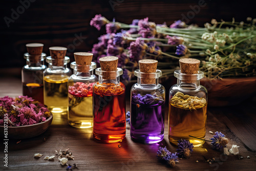 Essential oils and dried flowers on vintage background