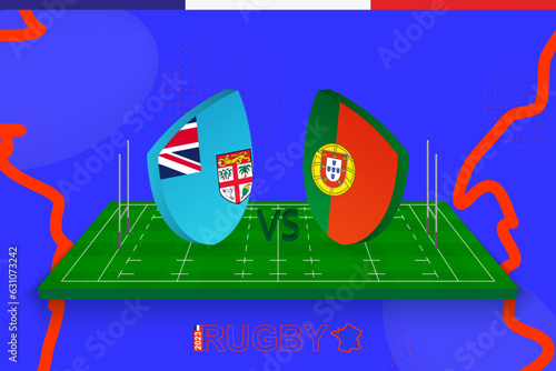 Rugby team Fiji vs Portugal on rugby field. Rugby stadium on abstract background for international championship. photo