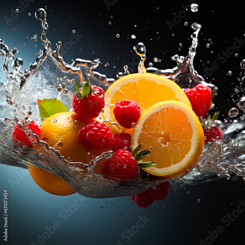 Fruits frais qui tombent dans l'eau, agrume orange framboise photo