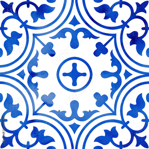 Blue mosaic tiles repeat pattern, Azulejo tiles geometric pattern, mediterranean seamless paper  for wedding, home decor, textile, posters,  greeting cards, web site, ceramics