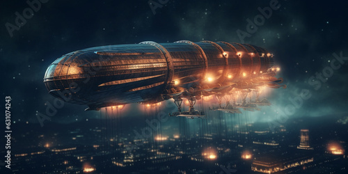 Enchanting Night Sky: Vintage Photo of Utopian Illuminated Zeppelin Over a 1920s Cityscape - AI generated