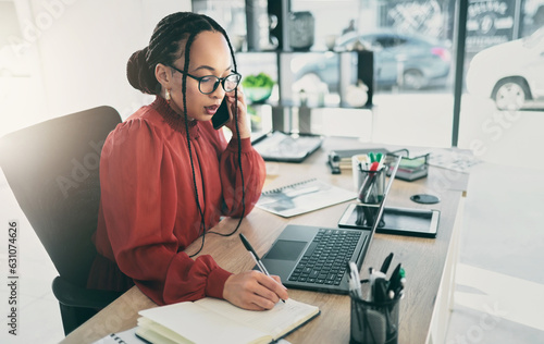 Phone call, writing and business woman in office for planning, schedule or research. Calendar, networking and administration with female employee in agency for communication, technology or connection