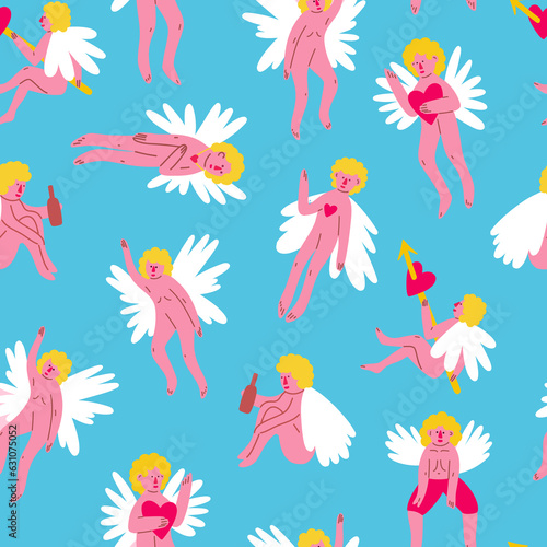 Valentine funny angels seamless pattern. illustration in doodle style