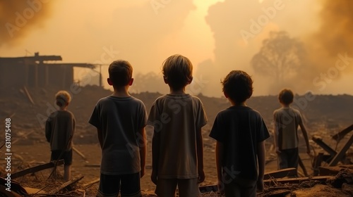 Children stands on the ruins of a destroyed building and looks into the distance, The atrocities of war affecting children.