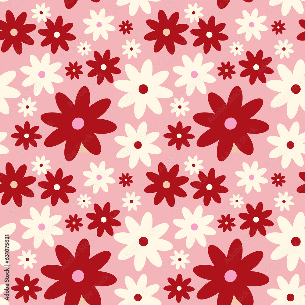 Creative vibrant quirky Retro floral pattern in 60s in bright juicy red pink colors
