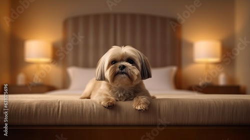 puppy sleep on white mattress hotel room 