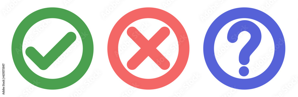 A set of flat checks and crosses and a question mark in a circle. Vector graphics. ESP 10. A set of flat checks and crosses and a question mark in a circle. Vector graphics. ESP 10.