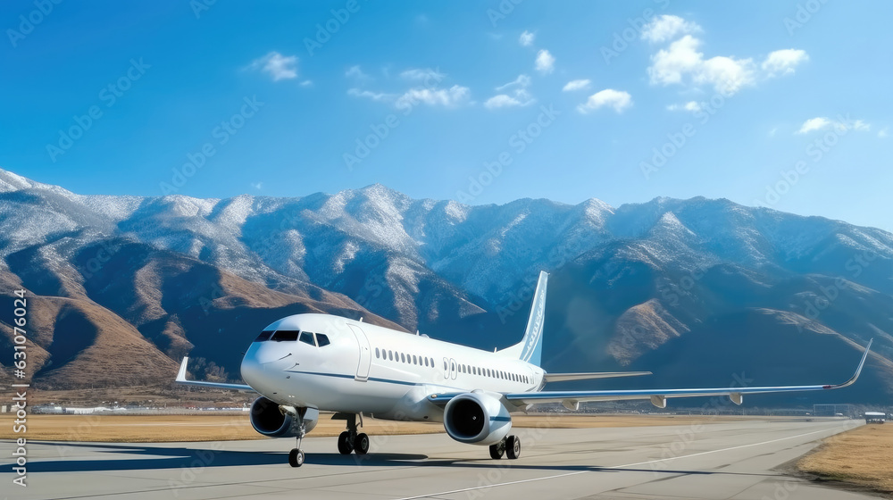 Passenger airplane at the airport on the background of high scenic mountains, Travel vacation concept. Passenger airplane at the airport on the background of high scenic mountains, Travel vacation concept.