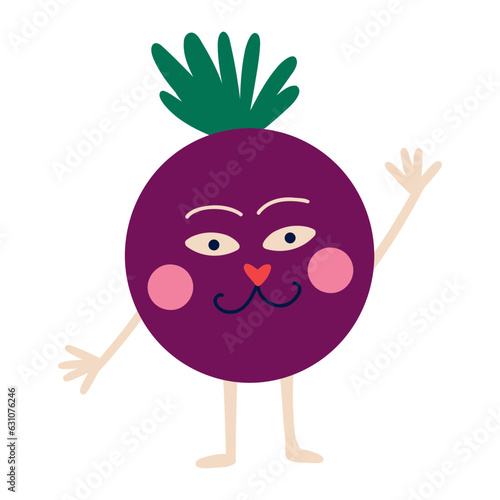 Funny quirky charming beet with a cute face. beetroot character. Illustration in a modern drawn childish style