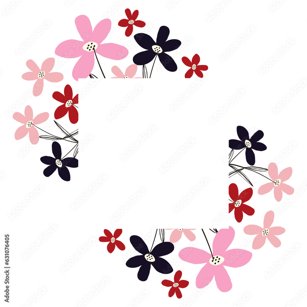 Creative vibrant floral square frame, bright frame with pink and red wildflowers Creative vibrant floral square frame, bright frame with pink and red wildflowers