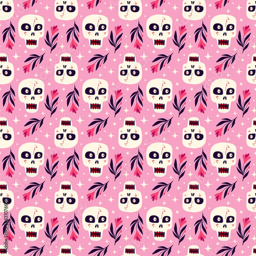 Vibrant Halloween pattern with mystical Gothic skulls.