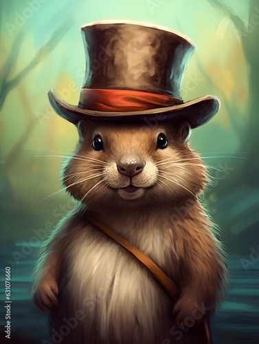 Portrait drawing of a beaver wearing a hat
