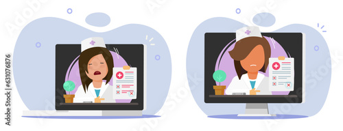 Medical exam bad disease health care test results report showing woman doctor online icon vector flat graphic illustration, sad person with abnormal diagnosis form of patient analysis information
