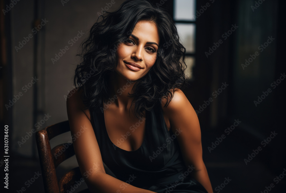 Close up portrait of a beautiful Indian woman with a black dress sitting on a chair. Generative AI. Close up portrait of a beautiful Indian woman with a black dress sitting on a chair. Generative AI.
