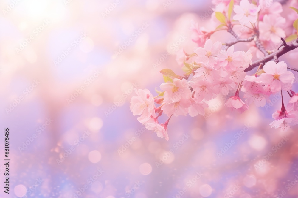 Flowers of the sakura tree, also known as cherry blossoms, with blurry purple bokeh lights in the background