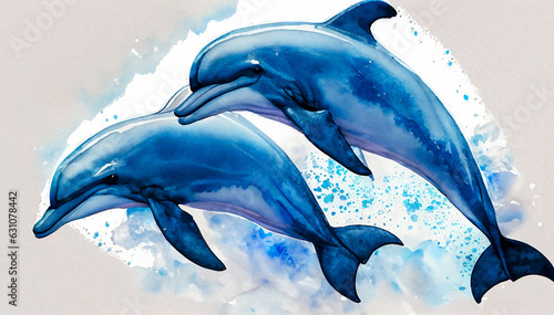 Photography Two blue Dolphins watercolor illustration, generative Ai