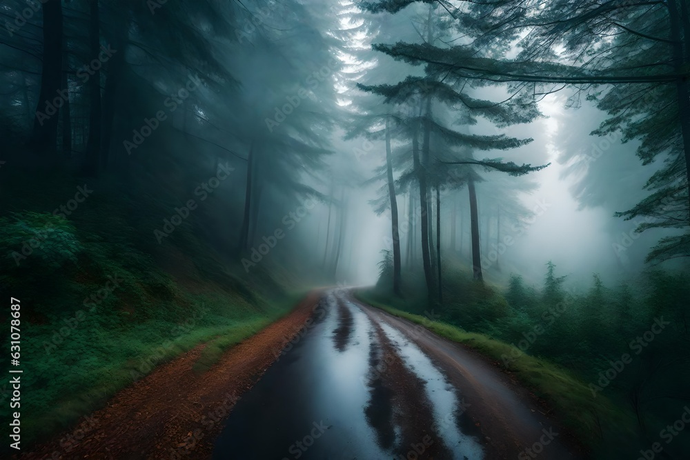 the majestic view of road in the foggy forest ai generated the majestic view of road in the foggy forest ai generated