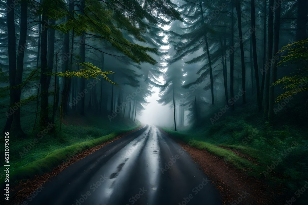 the majestic view of road in the foggy forest ai generated the majestic view of road in the foggy forest ai generated