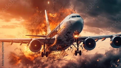 Airplane crash and burn with fire and smoke in the airport 