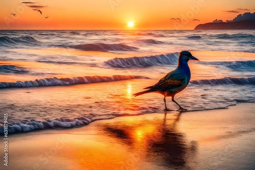 the view of a bird on the beach and sunset in background ai generated