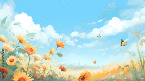 summer background with flowers and clouds