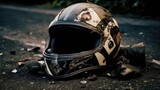 the crash broke helmet of a motorcycle on the road 