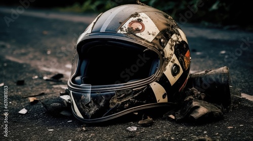 the crash broke helmet of a motorcycle on the road 