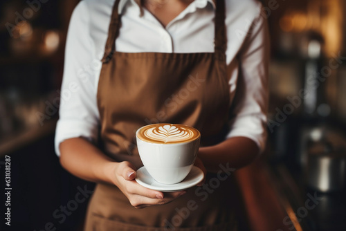 Unrecognizable waitress holding a cup of latte with rosetta in cafe