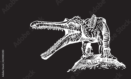Graphical hand drawn spinosaurus isolated on black,vector engraved  illustration, dinosaur with open mouth