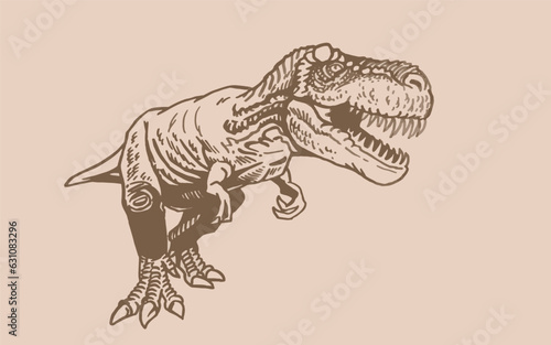 Graphical  tyrannosaurus rex running   on sepia background, vector illustration,angry  dinosaur
