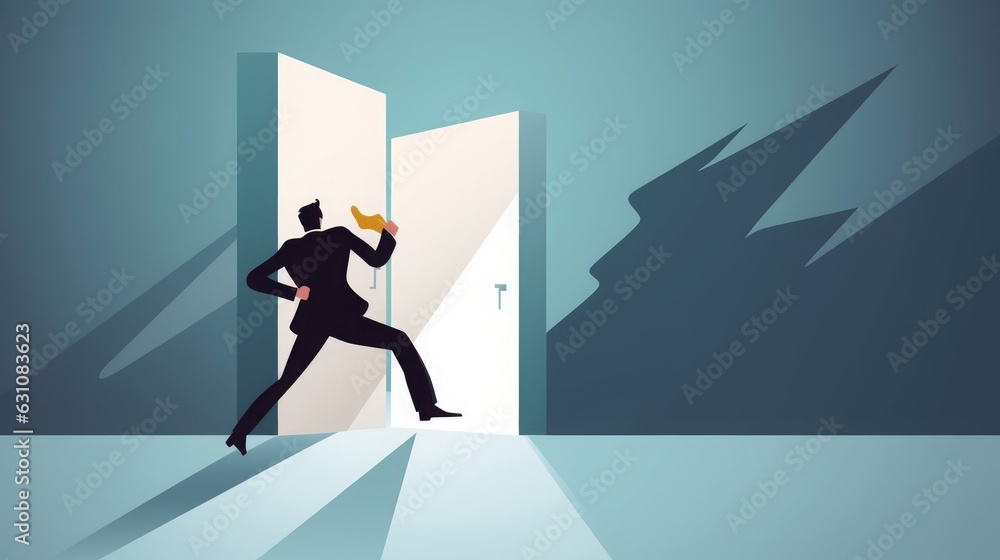 Entering a secret door. Businessman opens a hidden door. The concept of starting and courage. Business vector illustration, Generative AI
