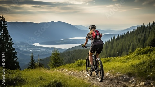 Mountain biking woman riding on bike in summer mountains forest landscape, AI generative