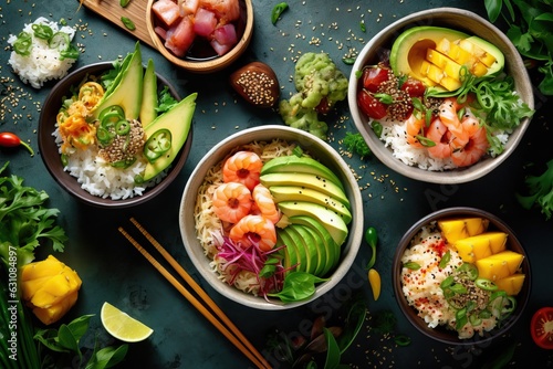 Hawaiian salmon tuna and shrimp poke bowls with sea