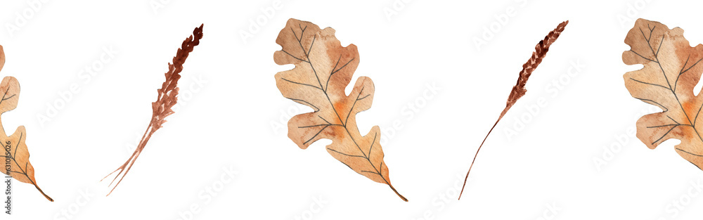 Border yellow leaves trees and mushrooms, foliage of natural branches, yellow leaves, herbs, mushrooms hand drawn watercolor on white background. Border yellow leaves trees and mushrooms, foliage of natural branches, yellow leaves, herbs, mushrooms hand drawn watercolor on white background.