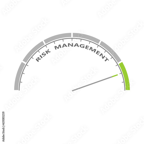 Arrow points to risk management text. Instrument scale with arrow. Colorful infographic gauge element.