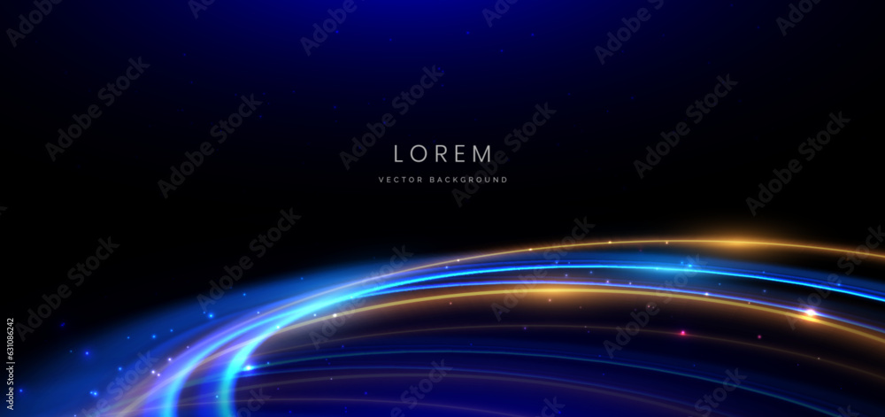 Abstract technology futuristic neon circle glowing blue and gold  light lines with speed motion blur effect on black background.