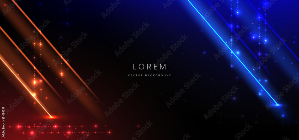 Obraz premium Abstract technology futuristic glowing neon blue and orange light ray on black background with lighting effect.