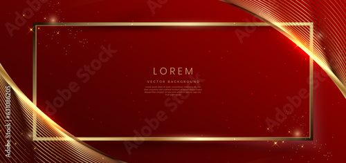 Abstract gold frame with curved lines on red background with lighting effect and sparkle with copy space for text.