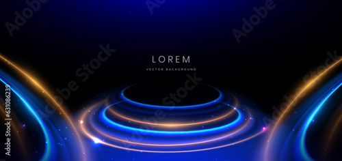 Abstract technology futuristic neon circle glowing blue and gold light lines with speed motion blur effect on black background.