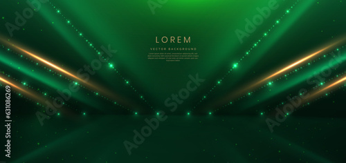 Elegant green stage background with green dot neon line and lighting effect sparkle. Luxury template award design.