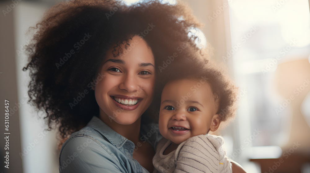 Pretty smiling black woman with strenght hairs holds her smiling baby in her arms at home in the room. Pretty smiling black woman with strenght hairs holds her smiling baby in her arms at home in the room.