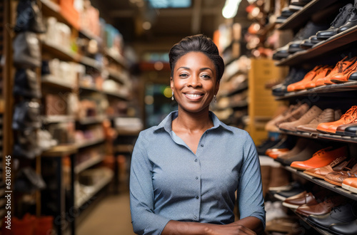 Portrait of black small business owner in her shoes store. Generative AI. 