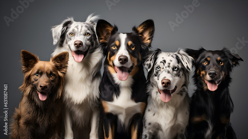 Dogs lined up together for a portrait in front of a seamless grey background. Mixed breeds at an animal shelter Generative AI © kitti