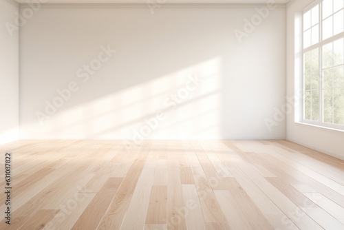 Empty room with white wall and hardwood floor with natural light from a window, ai generative