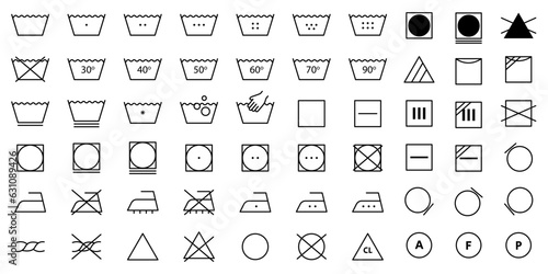 Laundry Vector Icons set. Washing symbols. Care clothes instructions on labels, machine or hand washing signs.